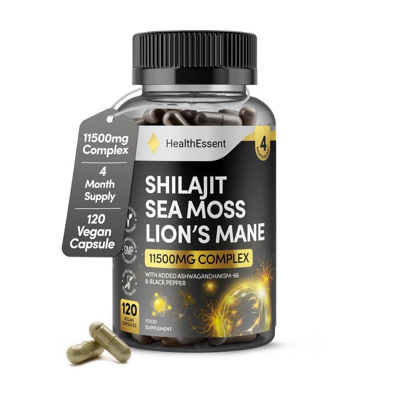 HeathEssent Sea Moss Shilajit Lion Mane อาหารเสริม 3 in One พร้อมเติม Ashwagandha K 66 และพริกไทยดํา