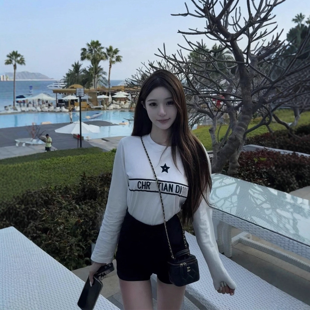 เสื้อยืดแขนยาวสำหรับผู้ชาย พร้อมโลโก้ AAA + 1 DIOR Star Letter เย็บปักถักร้อยรอบคอ