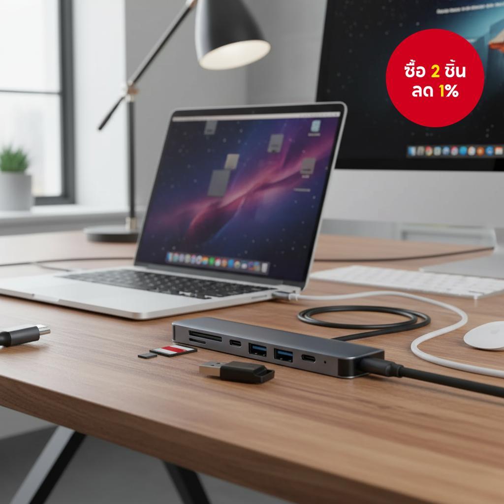 ฮับ USB Type C 7-in-1 พร้อม HD TV 4K 30Hz, USB 3.0, USB 2.0, เครื่องอ่านข้อมูล SD/TF