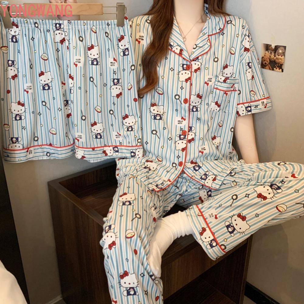 YONGWANG66ZX Kitty กางเกง,แขนยาว Anime KT Cat Kitty ชุดนอนผู้ใหญ่, Kawaii สบาย 3 ชิ้นชุด Y2K Kitty ช