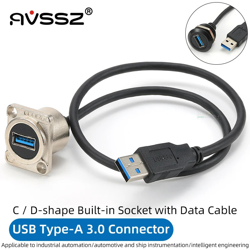 AVSSZ 0.5-2m โลหะ USB 3.0 ข้อมูลสายต่อ USB TypeA Connector Flush Mount อะแดปเตอร์ซ็อกเก็ตสายไฟสําหรับโทรศัพท์รถบรรทุก Moto อุตสาหกรรม