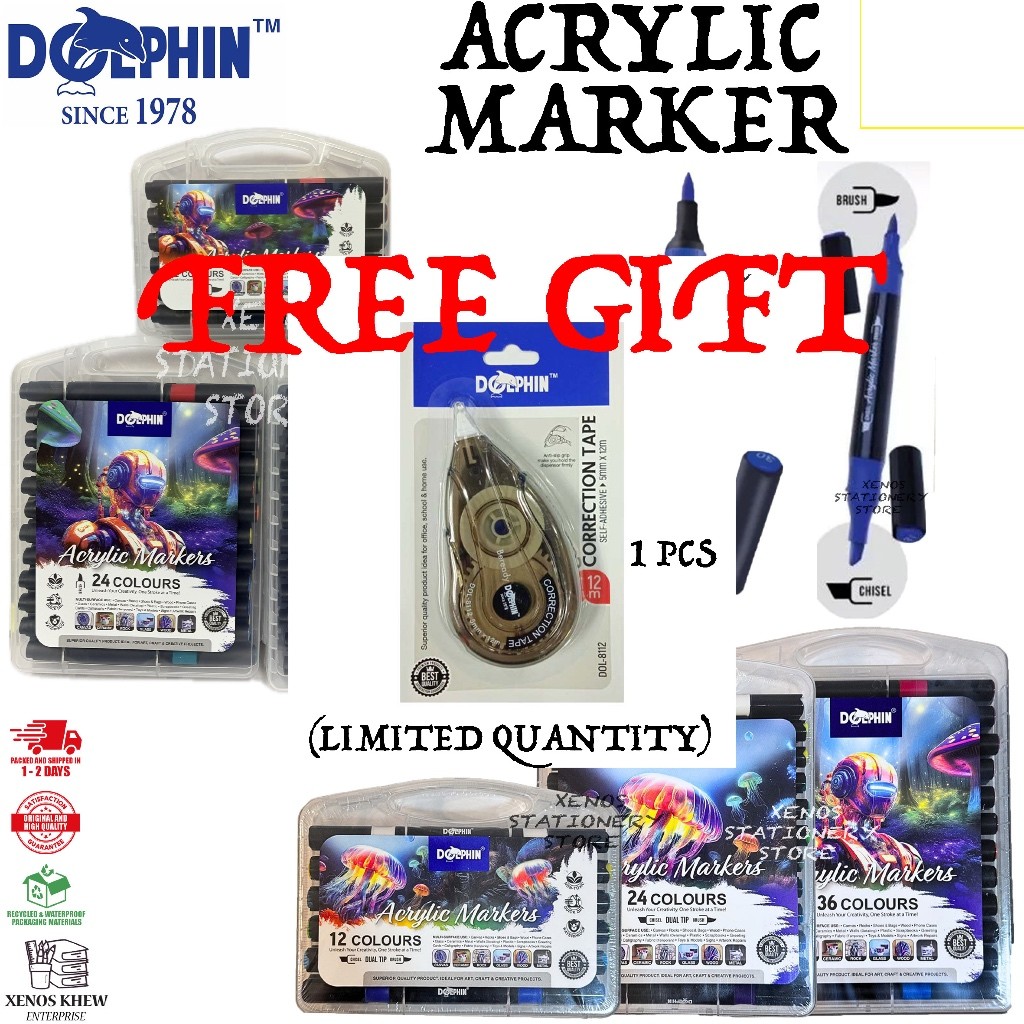 DOLPHIN ACRYLIC MARKER 12 COLOUR / 24 COLOUR / 36 COLOUR ( SINGLE / TWIN TIP )