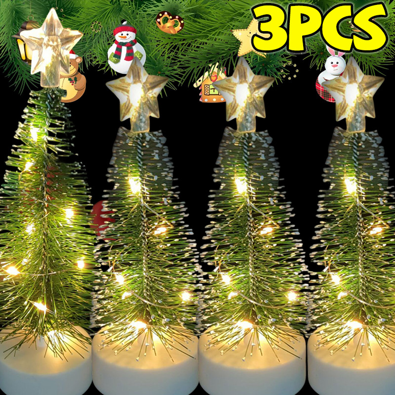3 ชิ้น/เซ็ต Mini Luminous Christmas Trees Desktop Ornament - S/M/L Cedar Trees Shaped Lamp - Party D