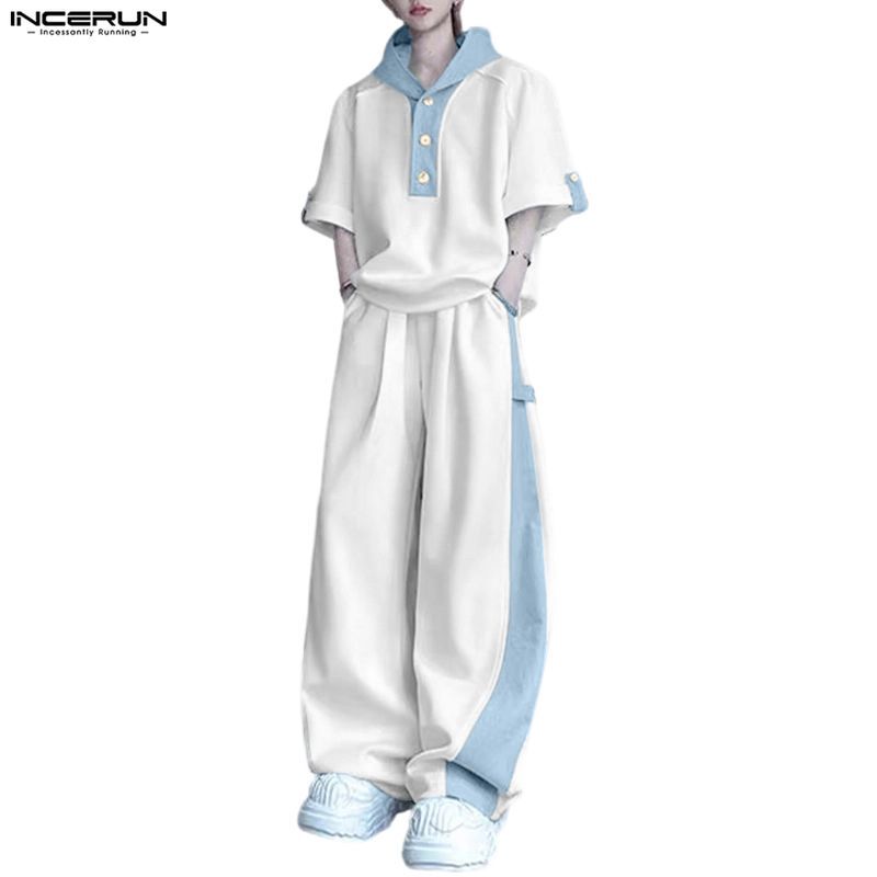 ชุดเสื้อฮู้ดครึ่งแขนสีตัดกันและกางเกงสำหรับผู้ชาย