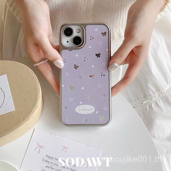 เคสโทรศัพท์สไตล์ ซัมซุง สีดําด้านล่างออกแบบโบว์เชอร์รี่ชุบเข็มขัดเงินแก้วเหมาะสําหรับ ไอโฟน151613111