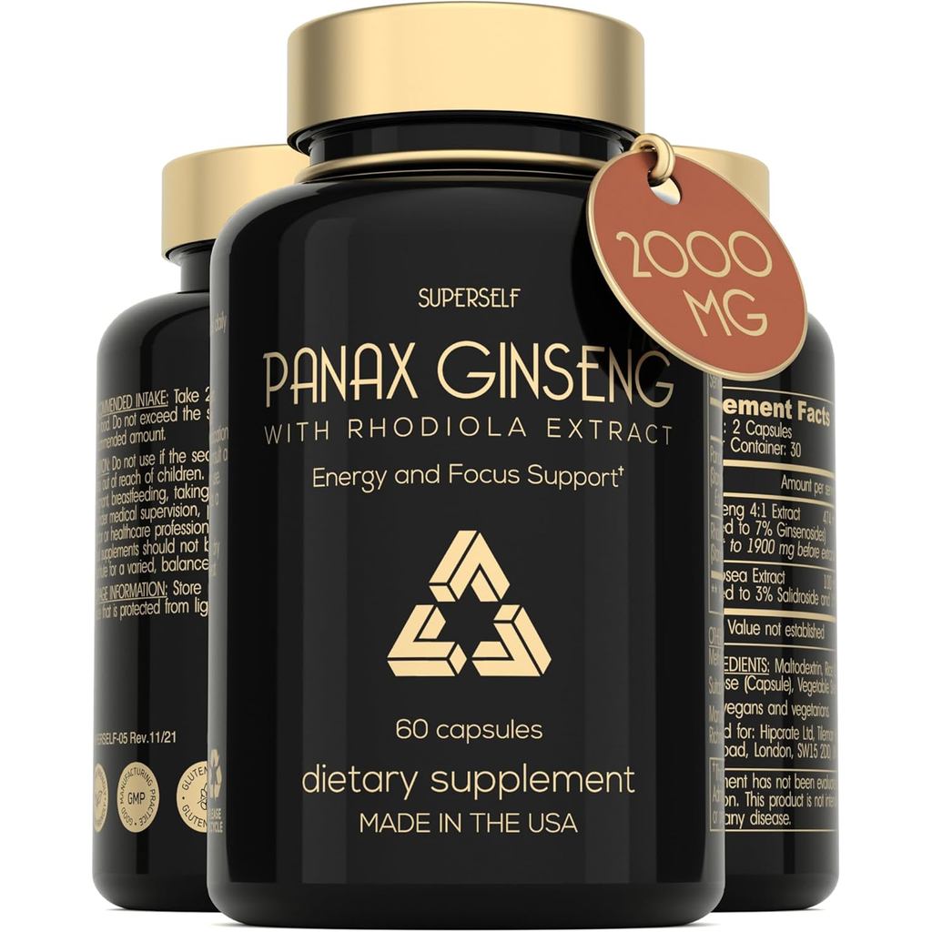 Panax Ginseng และ Rhodiola Rosea 2000mg - โสมเกาหลี High Strength 60 แคปซูล - อาหารเสริมสมุนไพรสําหร