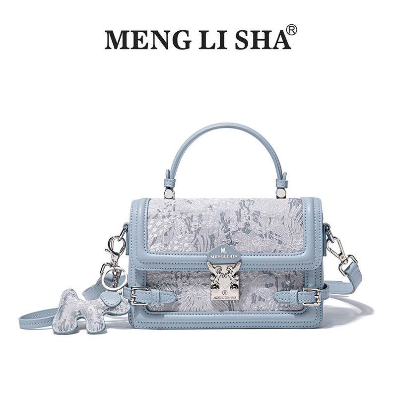 Mengl isha/Mengl isha ของแท้หนังกระเป๋าหญิงสไตล์ใหม่ High-End Blue Hand-ปัก One-Shoul