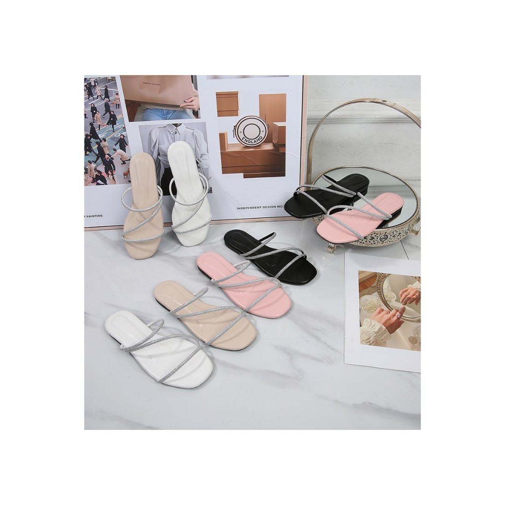 ZX HOME รองเท้าแตะส้นแบนประดับคริสตัลสำหรับผู้หญิงรองเท้าแตะแบบสวมสำหรับใส่ไปเที่ยวฤดูร้อนสายคาดเพชรดีไซน์หรูหรา.BB049
