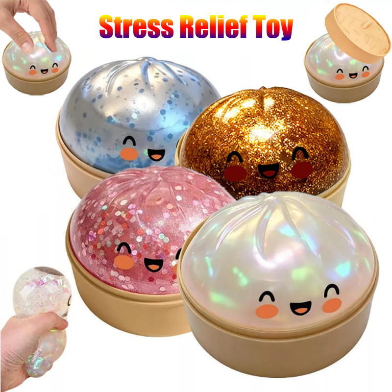 2026 Glitter Dumpling Squishy ของเล่น ช้า Rising Soft Squeeze Bal พร้อมการแสดงออกน่ารัก Sensory Fidget,ของเล่นพร้อมกล่อง Steamer สําหรับความวิตกกังวลและความเครียดบรรเทา สกุชชี่