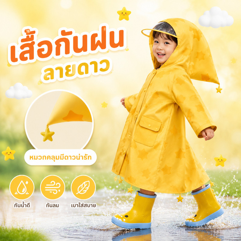 เสื้อกันฝนเด็ก ชุดกันฝนเด็ก กันน้ำ EVA เบา นุ่ม มีช่องกระเป๋าเป้ ลายดาวการ์ตูน อนุบาล ไปโรงเรียน