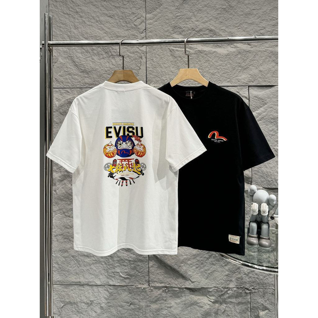 EVISU/God of Fortune 2026 คลาสสิกรอบคอแขนสั้นเสื้อยืดผู้ชายผู้หญิงสบายๆกีฬาสไตล์ Basic Bottoming เสื