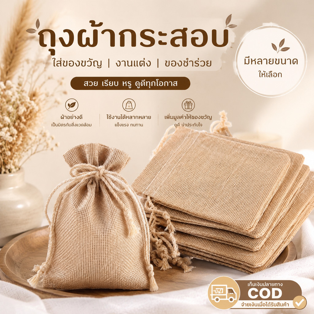 ถุงผ้าหูรูด ถุงผ้าลินิน ถุงของขวัญ ถุงใส่เครื่องประดับ ถุงใส่ขนม กาแฟ กันฝุ่น DIY พร้อมส่ง COD