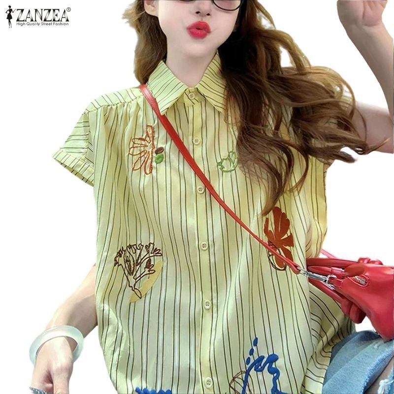 ZANZEA ผู้หญิงเกาหลี Streetwear อินเทรนด์ปกแขนสั้นพิมพ์กราฟิกปุ่มด้านบนเสื้อลาย — صورة 6
