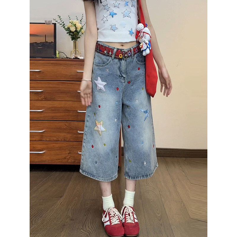 กางเกงยีนส์ขายาว jinn jeans Dopamine Star Patch Denim Cropped กางเกงผู้หญิงฤดูร้อนสไตล์ใหม่หลวม Slim