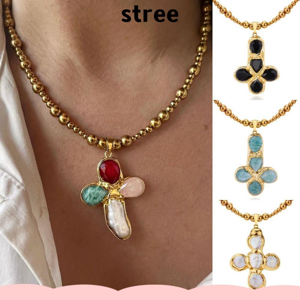 สร้อยคอจี้ไม้กางเขน STREE พร้อมสไตล์ ins สร้อยคอเหล็กไทเทเนียมเคลือบทองวินเทจรักษาสีอินเทรนด์จี้สีผู้หญิง Man