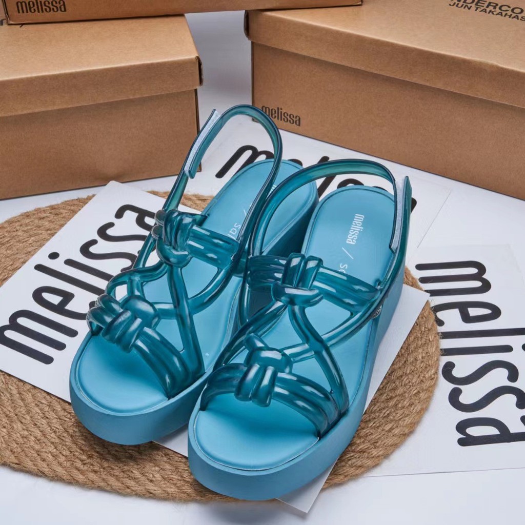 Melissa Melissa หนาSoled Wedgeรองเท้าแตะสุภาพสตรีLaced-Upเปิดนิ้วเท้าInsรองเท้าผู้หญิงรองเท้าแตะลําล