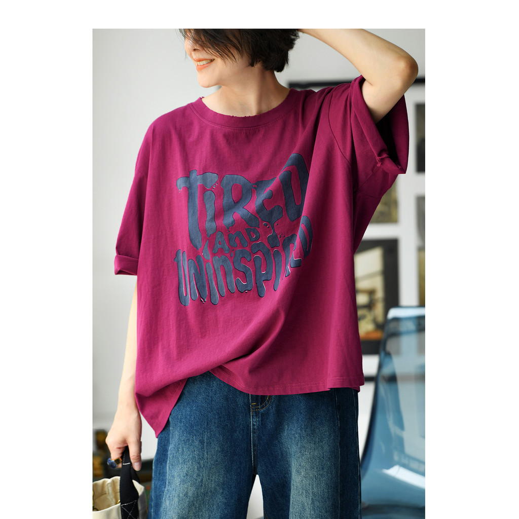 T65,000 เวอร์ชั่นเกาหลี All-Match รอบคอสั้นหลวมผ้าฝ้าย Contrast Color Letter พิมพ์เสื้อยืดหญิงฤดูร้อ