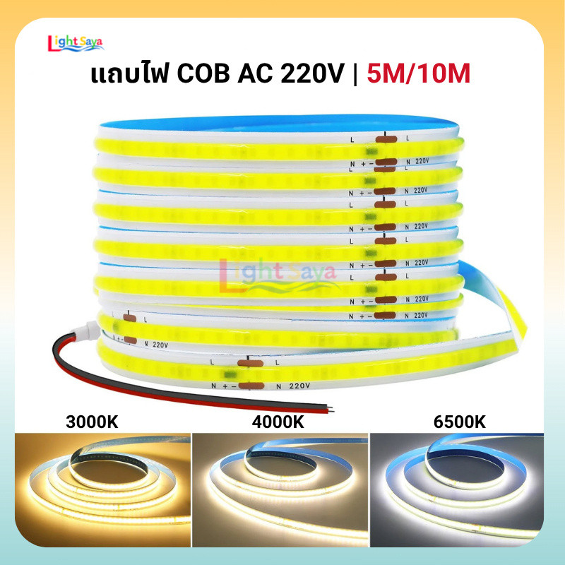 แถบไฟ LED COB 220V ไม่ต้องใช้ไดร์เวอร์ โคมไฟเพดาน ไฟตกแต่งห้อง 3000K 4000K 6500K ไฟ LED สีสันสวยงาม