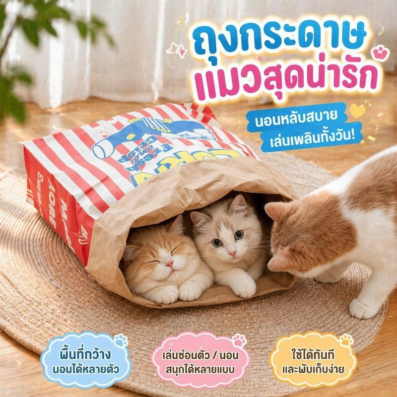 ถุงแมวมุด ของเล่นแมว อุโมงค์แมว ถุงกระดาษข้าวโพดคั่ว บ้านแมว หลบซ่อน ข่วนทน ได้ทั้งเล่นและนอน