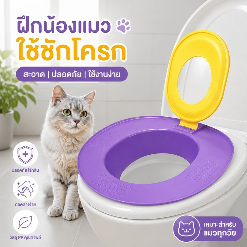 ที่นั่งฝึกแมวใช้ชักโครก ชุดฝึกเข้าห้องน้ำแมว วัสดุ PP ใช้ซ้ำได้ ทำความสะอาดง่าย ลดกลิ่นทรายแมว