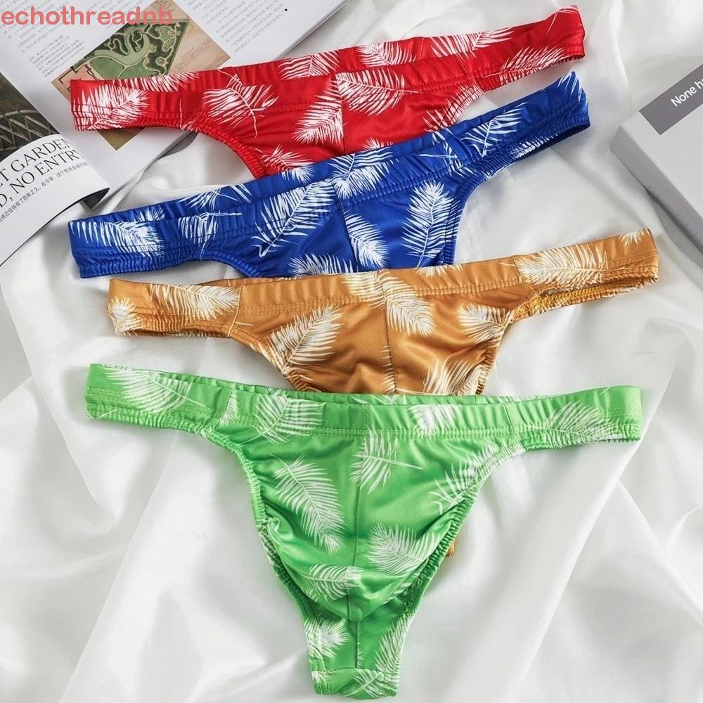 PIVOT ผู้ชาย Thongs, ผ้าไหมน้ําแข็งไม่มีรอยต่อ T-back กางเกง, Comfort บางต่ําเอว Feather พิมพ์ชุดชั้