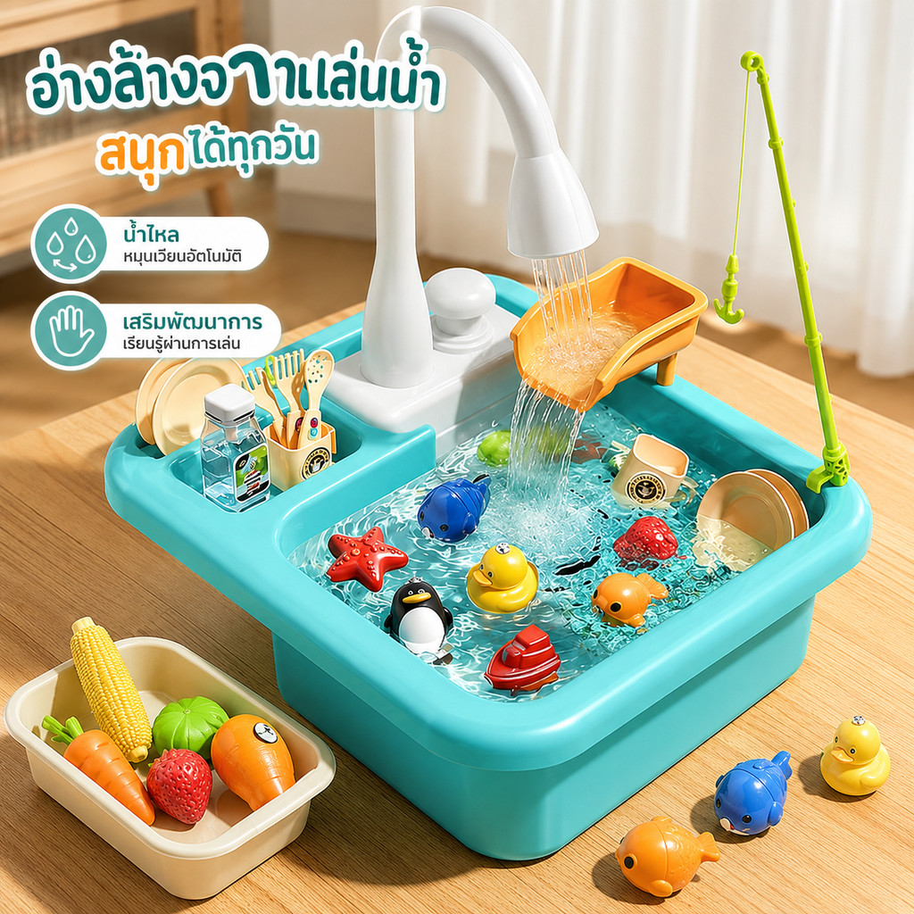 ของเล่นอ่างล้างจานเด็ก ซิ้งล้างจานเด็ก น้ำไหลจริง ระบบหมุนเวียนน้ำ อุปกรณ์ครบชุด ของเล่นครัวเสมือน
