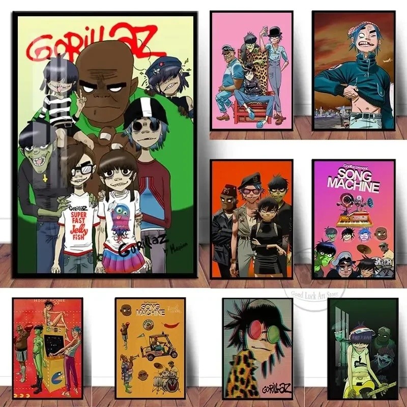 5P2A ภาพวาดผ้าใบ Gorillaz Virtual Band โปสเตอร์สไตล์นอร์ดิกอะนิเมะสมัยใหม่ HD เหมาะสําหรับบาร์ห้องนั