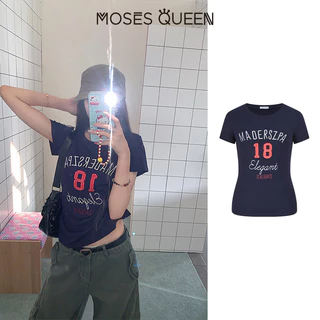 MOSESQUEEN มอสเช่ เสื้อยืดแขนสั้นพิมพ์ลายสไตล์อเมริกันสําหรับผู้หญิงฤดูร้อนเข้ารูปและสลิมมิ่งเสื้อคอกลม #63767