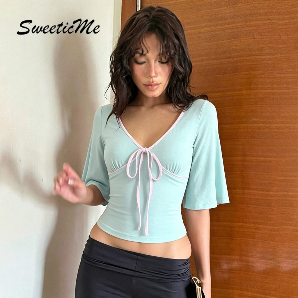 SweeticMe เสื้อสตรี 2026 ใหม่แฟชั่นคอวี Lacing Contrast สีเสื้อยืดแขนสั้น — صورة 5