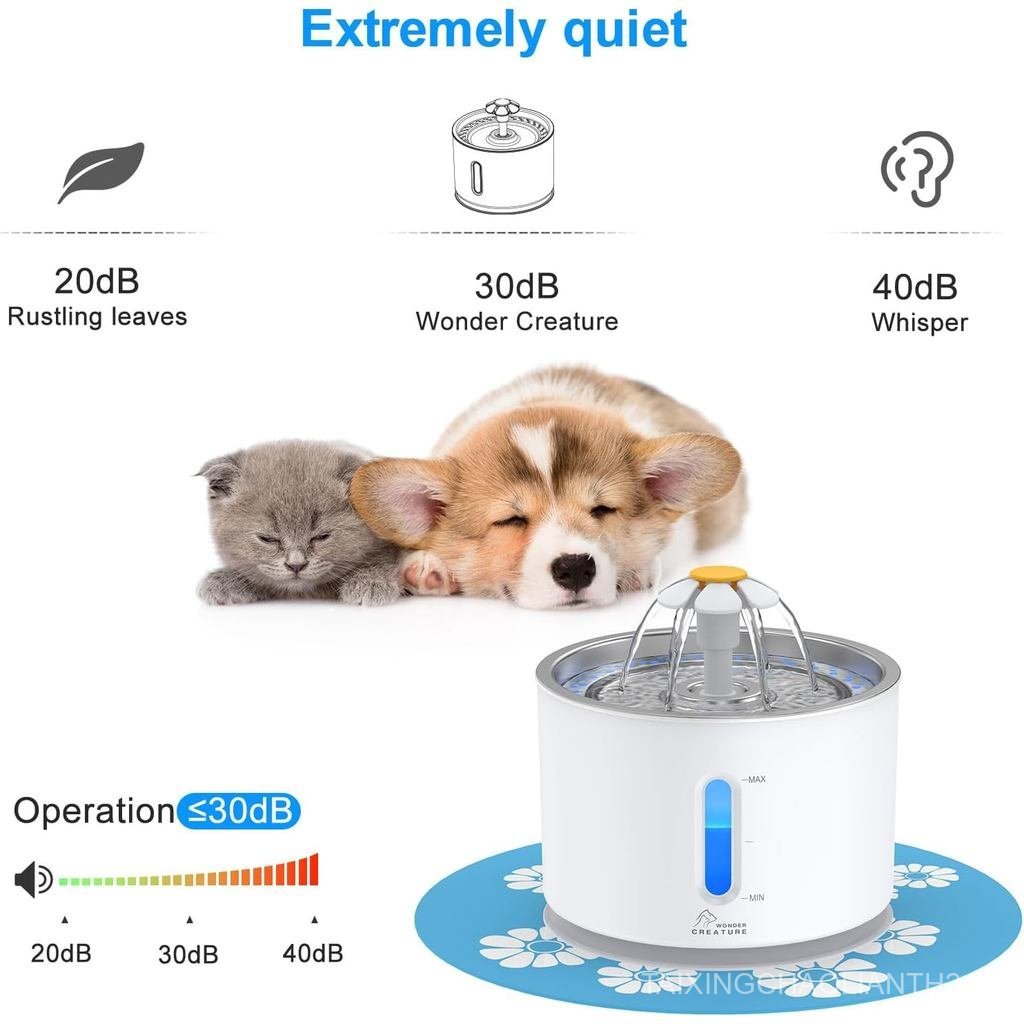 Wonder Creature Cat Water Fountain สแตนเลส, 81oz/2.4L Cat Fountain ระดับน้ําหน้าต่างและไฟ LED สําหรั