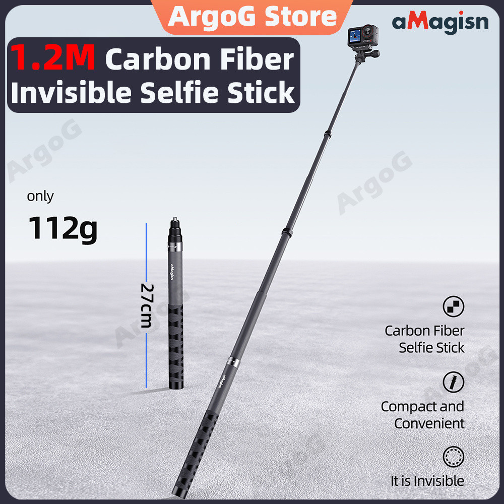 AMagisn 1.2M คาร์บอนไฟเบอร์ที่มองไม่เห็น Selfie Stick Extension Monopod ใช้งานร่วมกับ Insta360 X6 / X5 / Osmo 360 และอื่นๆ 1/4 "รูกล้อง