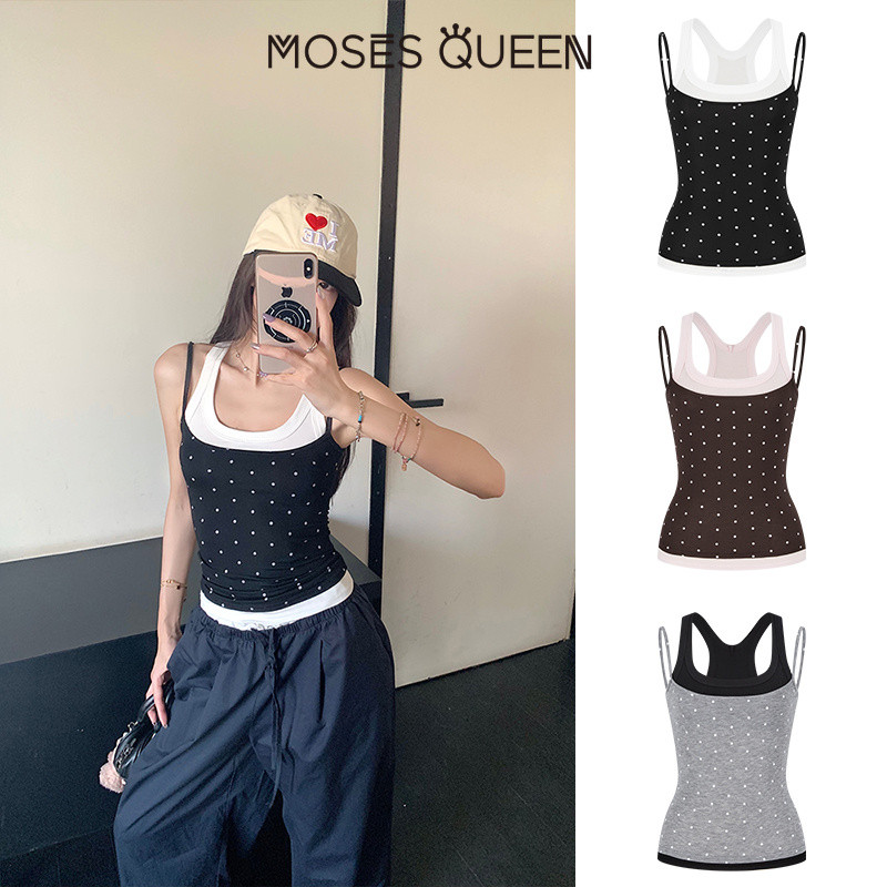 MOSESQUEEN เสื้อกล้ามสลิงหลังลายจุดสีสองชิ้นสําหรับผู้หญิงอเนกประสงค์ระบายอากาศเข้ารูปเสื้อแขนกุด #63785