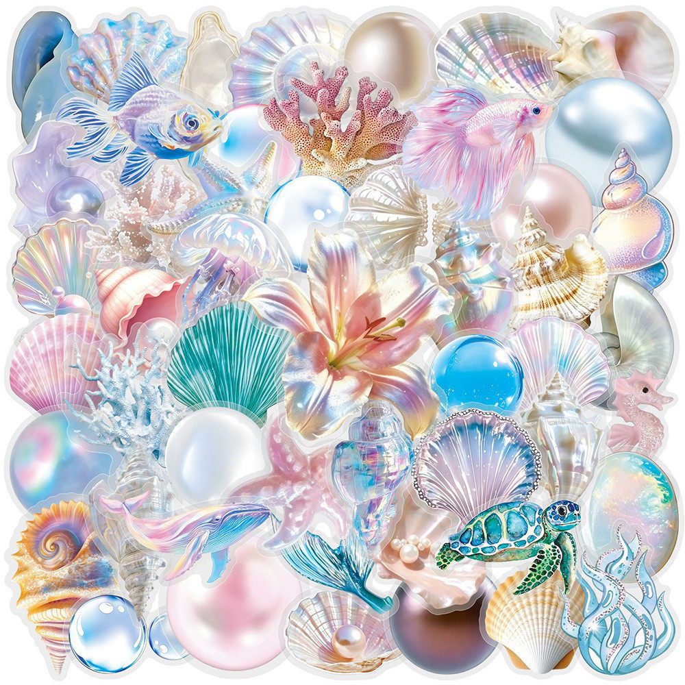 50 ชิ้นโปร่งใสสีสัน Pearl Shell สติกเกอร์ Marine Life การ์ตูน Decals ขวดน้ําโทรศัพท์โน้ตบุ๊คตกแต่งสติกเกอร์แพ็ค