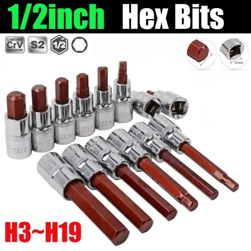 (Hot) 55/100 มม.1/2 นิ้วไดรฟ์เมตริก Hex Allen Key Bit ซ็อกเก็ตเมตริก H3 H4 H5 H6 H7 H8 H10 H12 H14 H