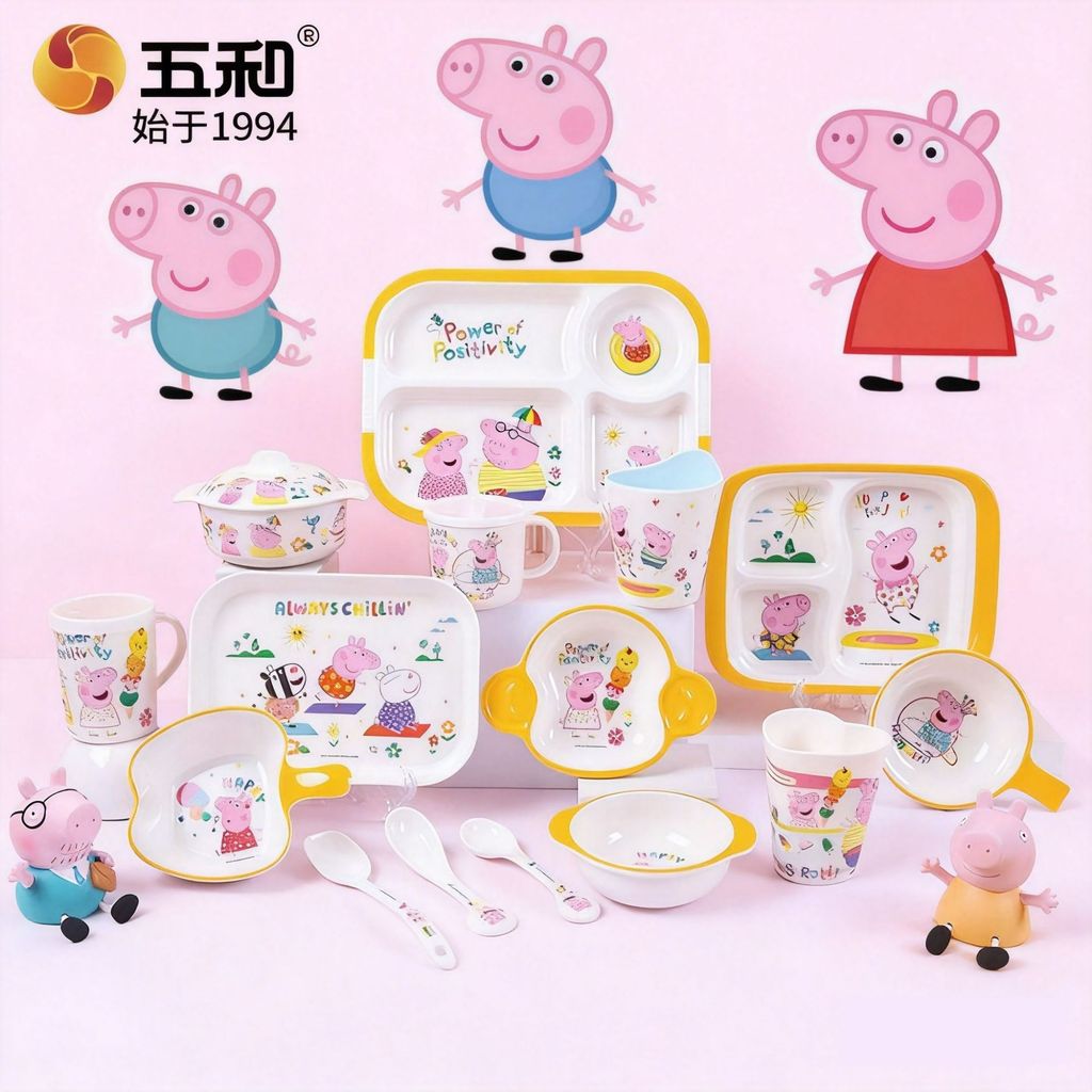 การ์ตูน Piggy Peppa เด็กอาหารเสริมชามอาหารจานอาหารค่ําช่องเมลามีนเด็กชามข้าวทารกบนโต๊ะ ODDO