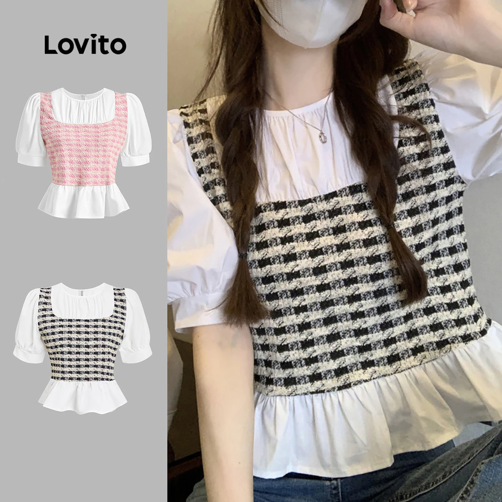 Lovito สง่างาม เสื้อเบลาส์ ผ้าแจ็คการ์ด ลายตาราง กิงแฮม สไตล์ สำหรับผู้หญิง เกาหลี อินเทรนด์ L114AD317