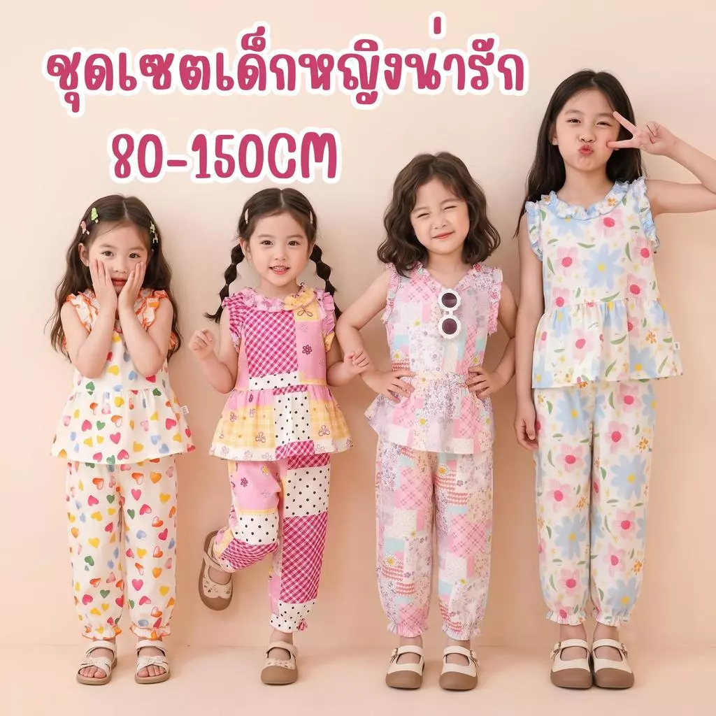MooDeng Baby ชุดเซตเด็กหญิงน่ารัก แขนกุด กางเกงขายาว ชายระบาย ใส่สบาย ผ้าบาง ผ้านิ่ม ลื่น ระบายอากาศดี สีสดใส