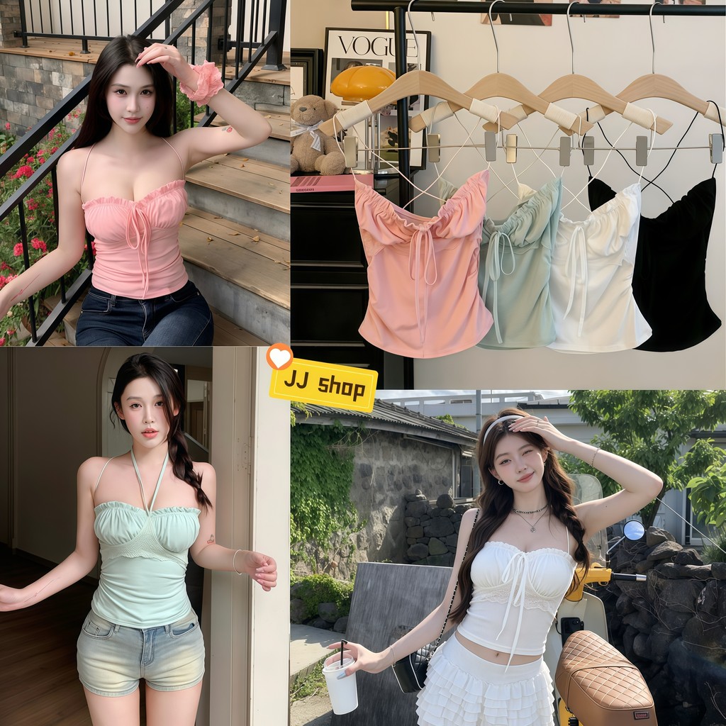 JJ Shop​💜พร้อมส่ง เสื้อสายเดี่ยวผ้าลูกไม้ ลายผ้าพร้อมสายปรับหน้าอกเป็นโบว์ ด้านข้างมีจีบ เข้ารูป-FY2949