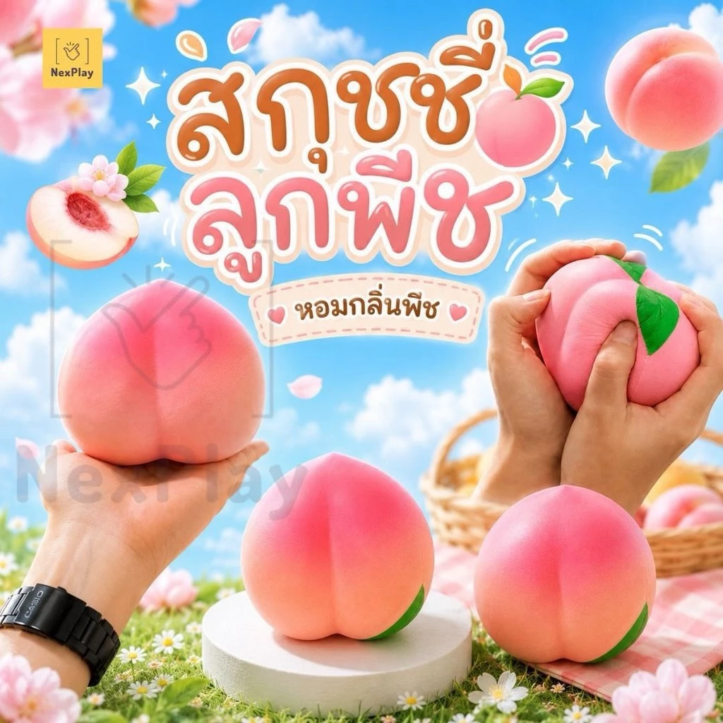 พร้อมส่ง ของเล่นบีบสกุชชี่ รูปพีชสีชมพู Squishy Peach บีบนุ่ม Slow Rising เนื้อนิ่ม คืนตัวช้า ของเล่นคลายเครียด