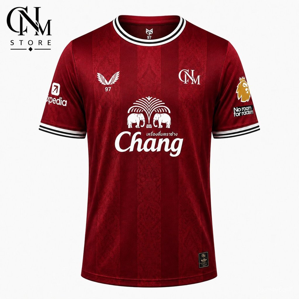 CNM STORE เสื้อฟุตบอลลายไทยคอกลม ผ้าตาข่าย 150G ระบายอากาศ รุ่น Thai Pride Jersey