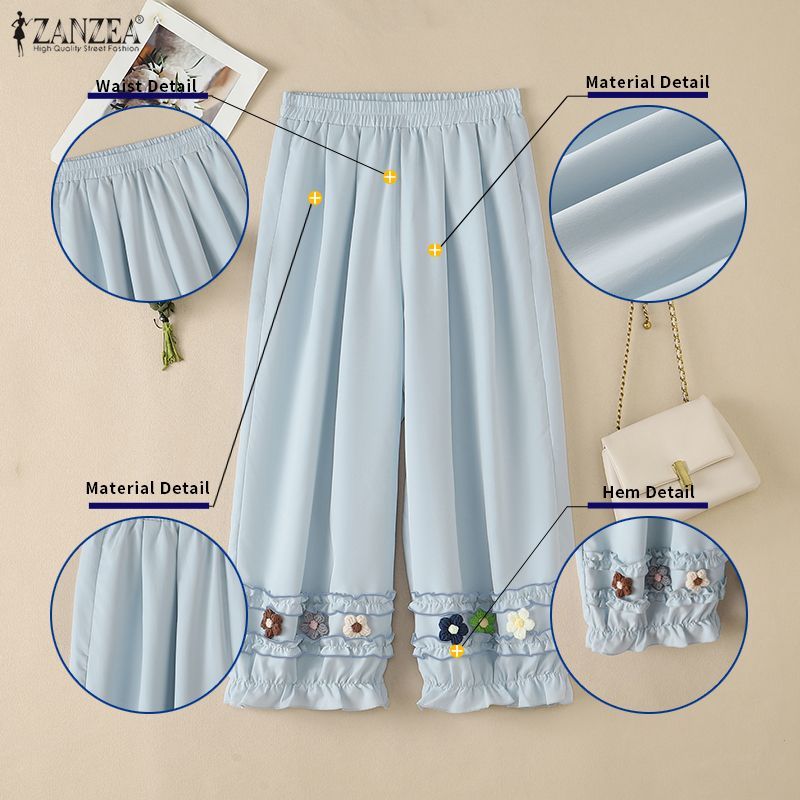 ZANZEA ผู้หญิงสาวเกาหลีสดเอวสูง 3D ดอกไม้ตกแต่ง Ruffles ตัด Crop โคมไฟกางเกง — صورة 7