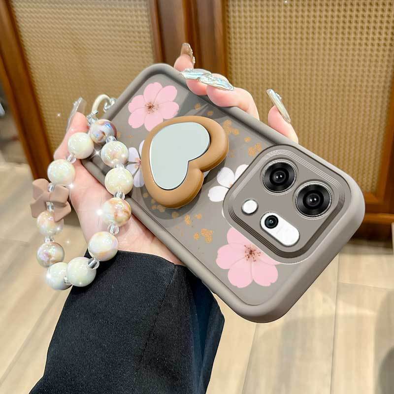 3 ชิ้น (สีขาว Cherry Blossoms เคสโทรศัพท์ + Lanyard + ขาตั้ง) สําหรับ OPPO Reno 14/Reno15/Reno 15C/R
