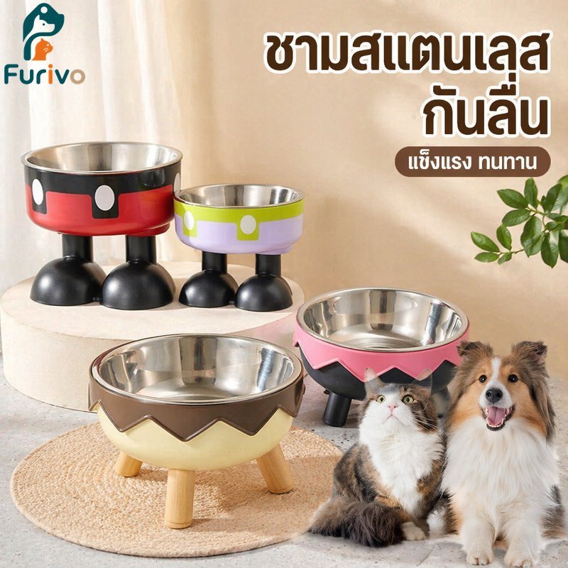 ชามอาหารแมวสแตนเลสชามให้อาหารสัตว์เลี้ยงยกไม่ลื่นที่ถอดออกได้ทําความสะอาดง่ายเดี่ยว