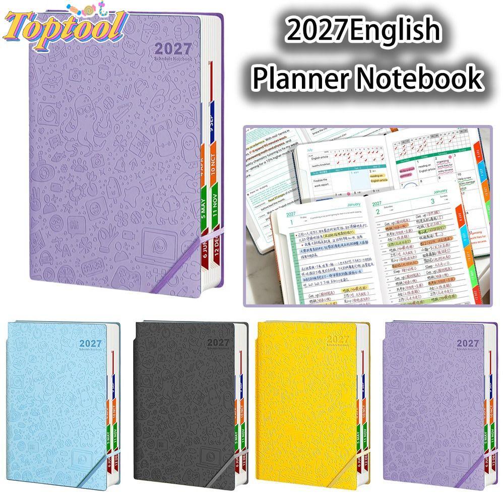 ท็อปทูล 2027 สมุดแพลนเนอร์ภาษาอังกฤษ, สมุดกําหนดการนูนดัชนีรายเดือน, ที่ใส่ปากกาหน้าเรียงรายสมุดบันทึกไดอารี่วงยืดหยุ่น