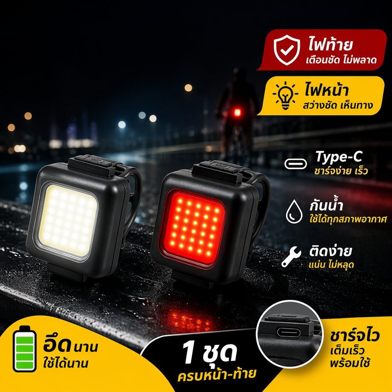 ไฟท้ายจักรยาน ไฟจักรยาน LED ชาร์จ Type C กันน้ำ ไฟกระพริบ 3 โหมด น้ำหนักเบา ติดตั้งง่าย