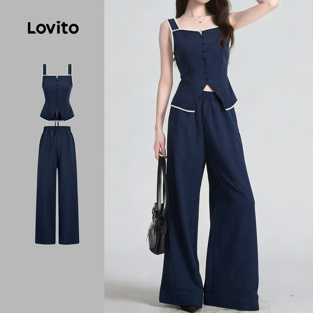 Lovito สง่างาม เสื้อหรือกางเกงลูกไม้ติดกระดุมชุดสีน้ําเงินกรมท่าฤดูใบไม้ผลิ/ฤดูร้อนสําหรับผู้หญิง หลวม เกาหลี อินเทรนด์ L179AD056