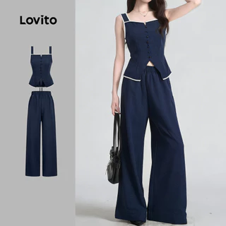 Lovito สง่างาม เสื้อหรือกางเกงลูกไม้ติดกระดุมชุดสีน้ําเงินกรมท่าฤดูใบไม้ผลิ/ฤดูร้อนสําหรับผู้หญิง หลวม เกาหลี อินเทรนด์ L179AD056