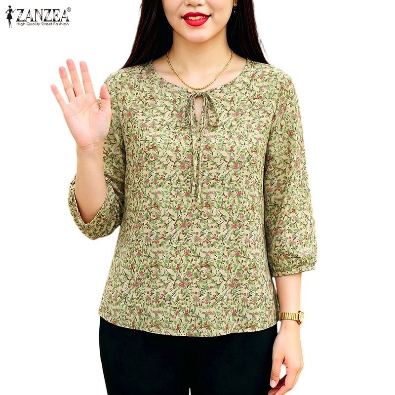 ZANZEA ใส่ ซานเซีย ผู้หญิงเกาหลีทุกวันหลวมดอกไม้พิมพ์ โอ คอ3/4แขนเสื้อคอ