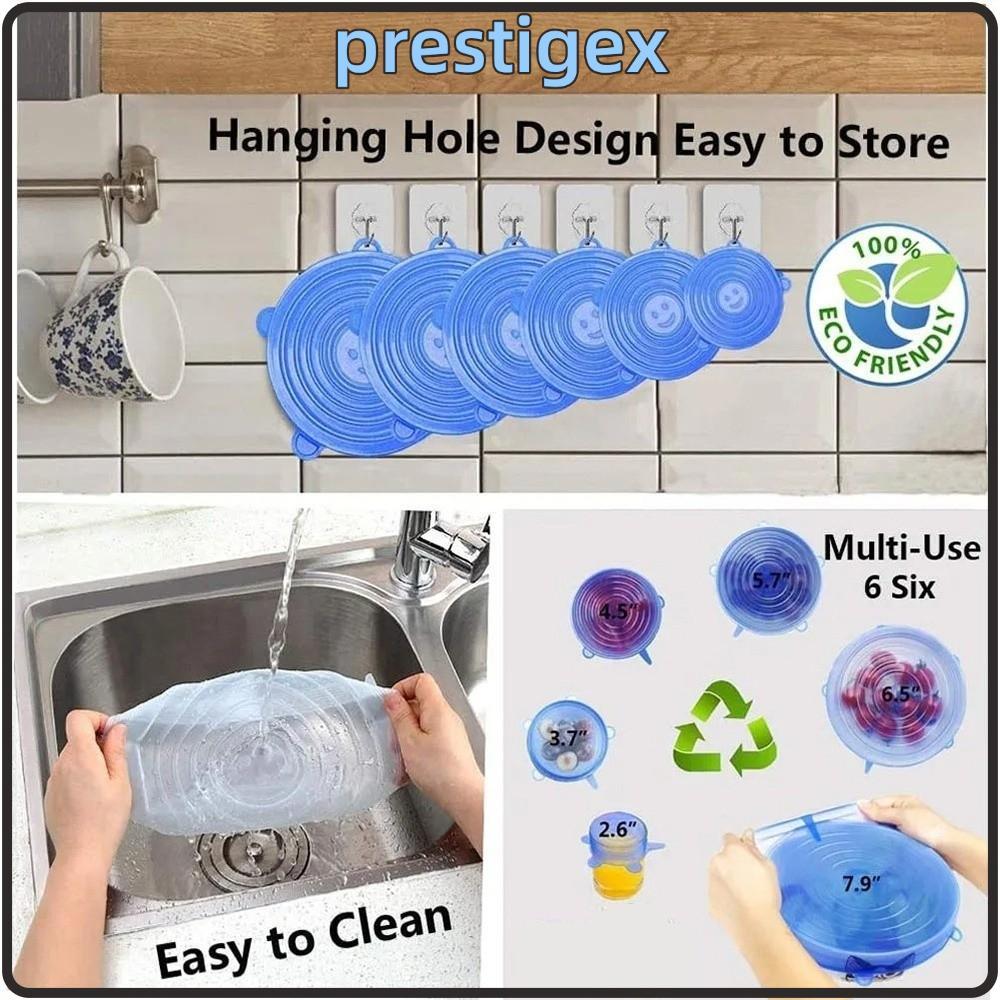 PRESTIGEX 6 ชิ้น ฝาปิดซิลิโคน, ฝาครอบเก็บสดแบบใช้ซ้ําได้กันลื่น, อุปกรณ์ครัวยืดฝาไมโครเวฟ