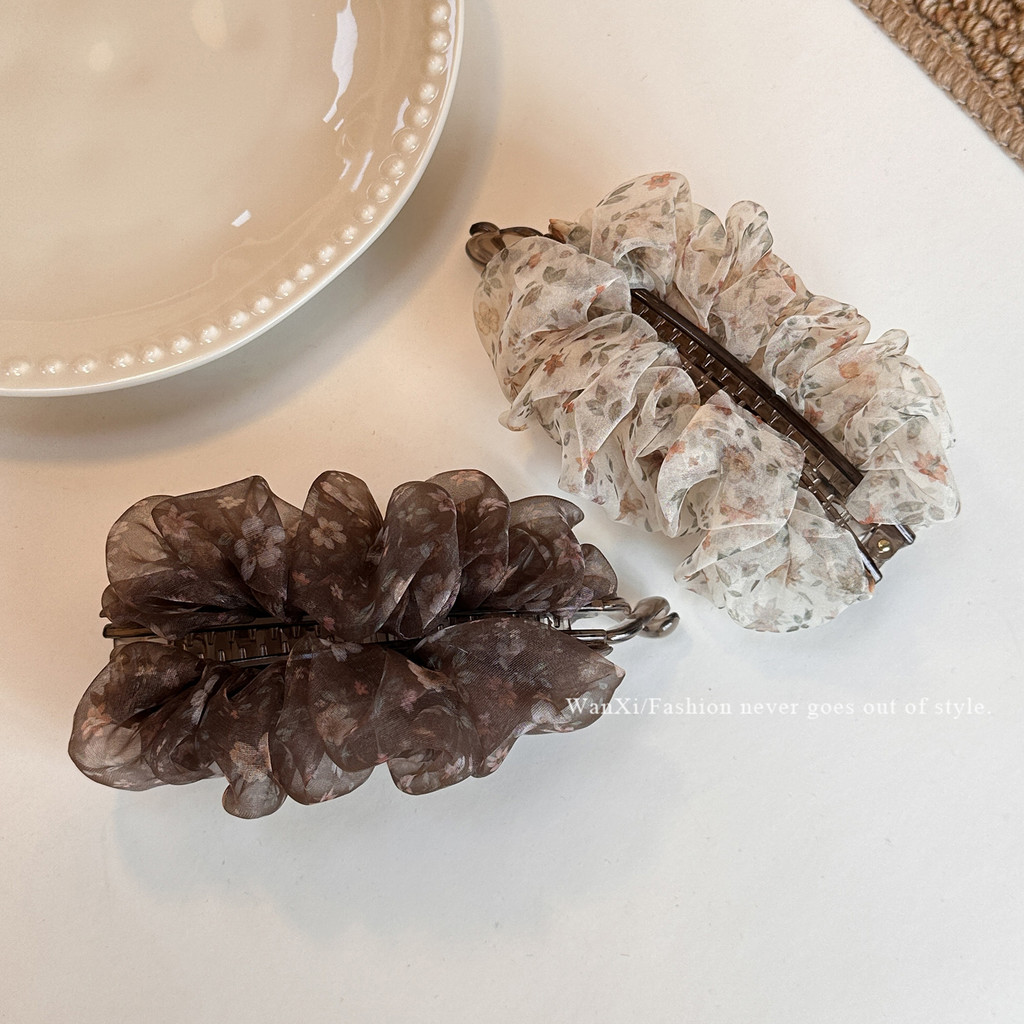 Retro Floral Gauze Pleated Banana Clip Retro Coffee Color กิ๊บติดผมลายดอกไม้อ่อนโยน กิ๊บติดผมบรรยากาศขี้เกียจ